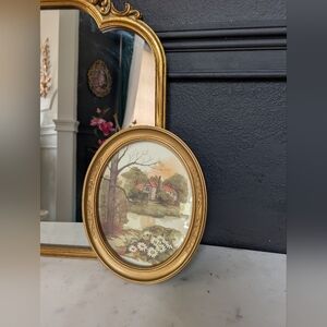 Vintage, small, Homco Cottage Core Floral Creek Art Print Gold Oval Frame 9"